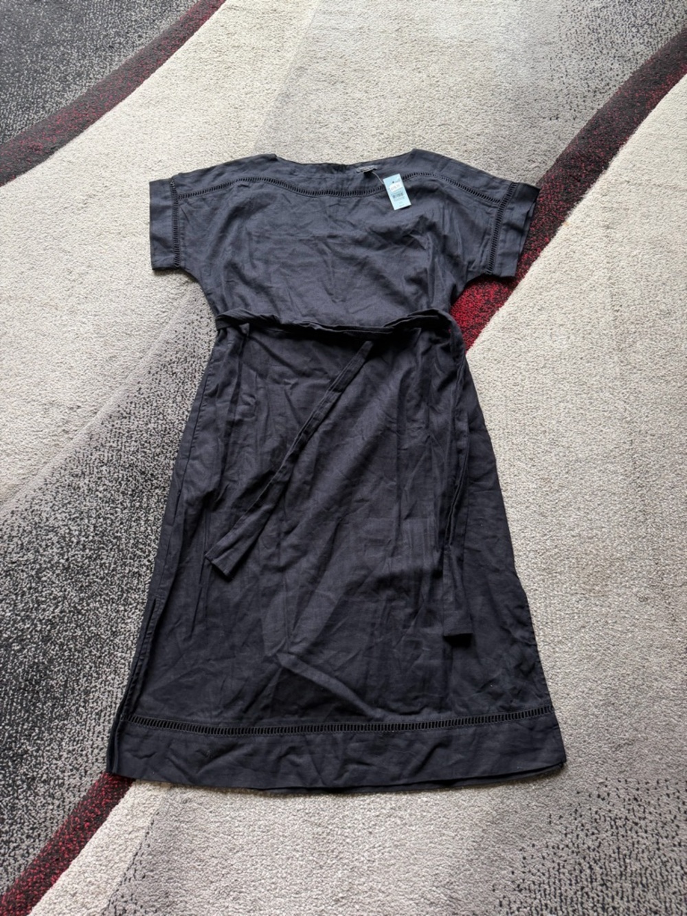 Ann Taylor Black Petite Linen Blend Eyelet Scoop Neck Shift Dress